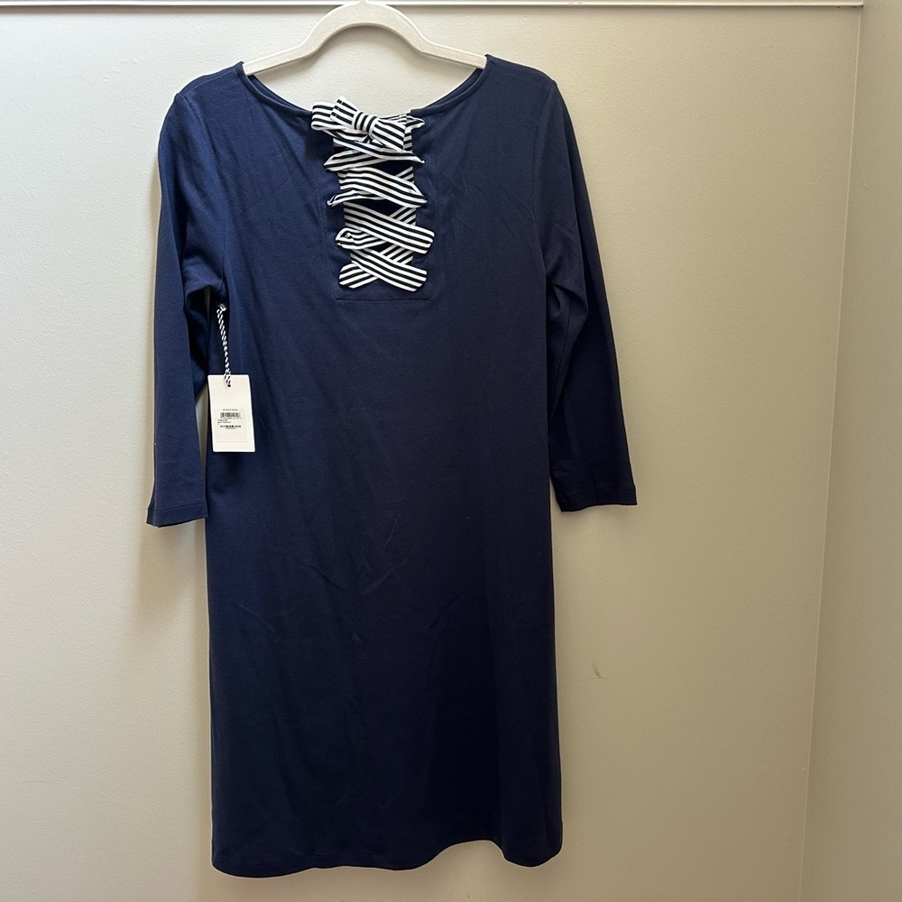 NWT 1901 Navy Cotton Shift Dress with Striped Bow Back Detail